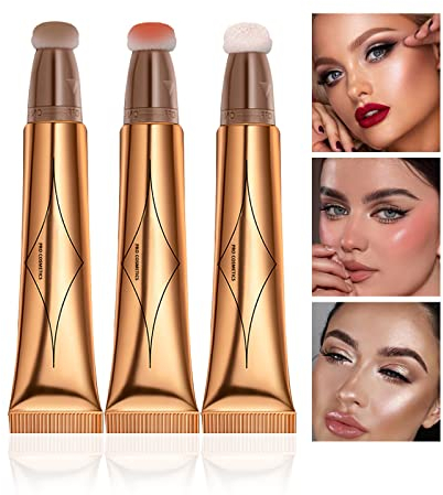 Prreal 3PCS Cosmetic Beauty Wand, Liquid Face Concealer Blush Highlighter Pen, Smooth Creamy Matte Liquid Contour Blush Stick with Soft Cushion Applicator, Waterproof Body Face Makeup (01+02+04)