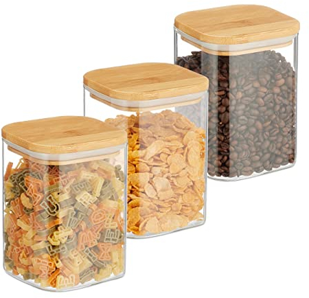 Relaxdays Lot de 3 bocaux en Verre, Couvercle en Bambou, carré, Conservation, 900 ML, hermétique, Transparent/Naturel