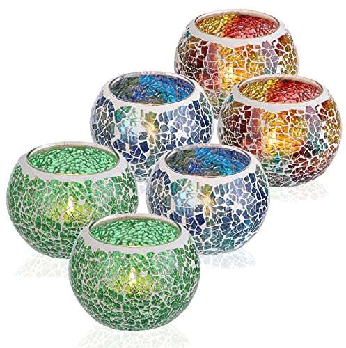 BSTKEY Set of 6 Mosaic Glass Tea Light Candle Holders, Decorative Votive Candle Stand, Round Candle Holder Centerpieces for Table, Wedding, Party, Home Decor (Multicolor + Blue + Green)