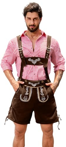 NANAMEEI Elegant Herren Kurze Trachten Lederhose Oktoberfest Hosen mit Träger Kodelzug Trachtenhose Herren Dunkel Braun 2XL
