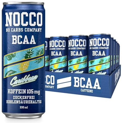 Confezione di bevande energetiche NOCCO BCAA da 24 - bevanda energetica vegana senza zucchero con caffeina, vitamine e aminoacidi - Ananas caraibico, 24 x 330 ml incl. deposito (Caraibi)