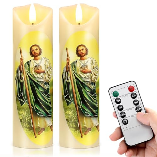 Baquler 2 Pcs Religious Flameless LED Prayer Candle, St. Jude | Battery Operated Flameless Led, Devotion Candles Religious Gift for Home and Office, Battery Operated with Remote Control