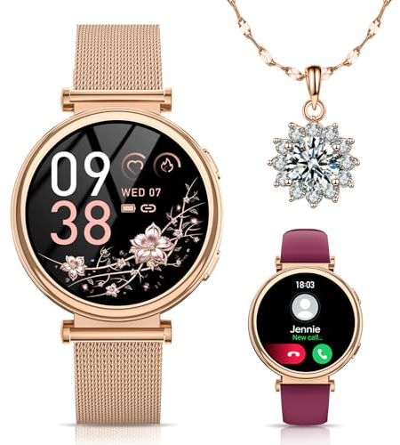 Sanorum Smartwatch Damen, 1.27 HD Voll Touchscreen Armbanduhr mit Telefonfunktion, Geschenk Damen Menstruationszyklus SpO2 Pulsuhr Schrittzähler Kalorien Fitness Tracker IP68 iOS Android Roségold
