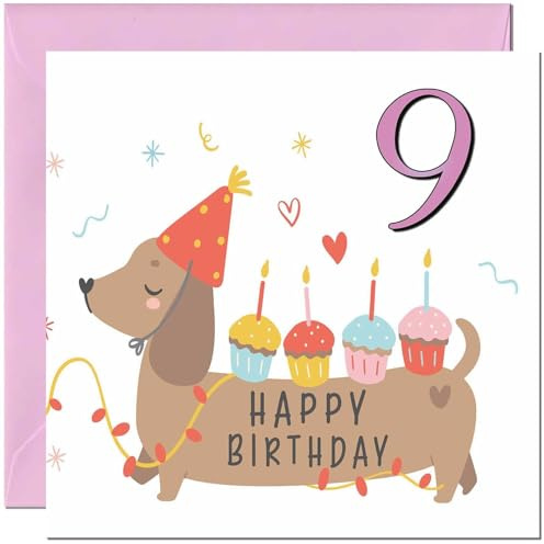 Tarjeta de cumpleaños número 9 para niños, bonita tarjeta de cumpleaños de perro salchicha, para hija de 9 años, nueve nietas, sobrinas, hermanas y primas