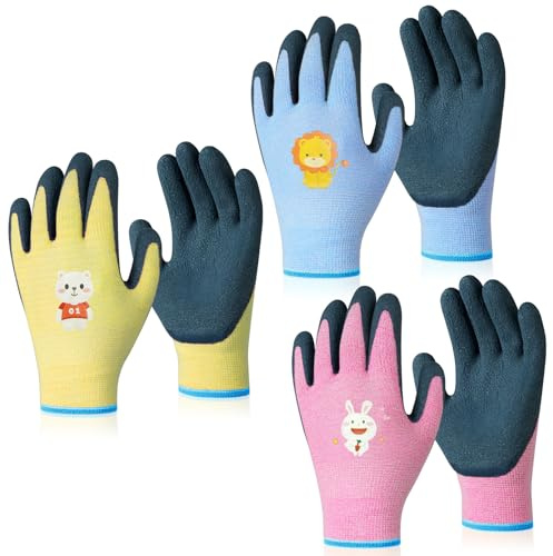 Ainiv 3 pares de guantes de trabajo para niños, guantes de jardinería para niños, guantes protectores de látex antideslizantes con revestimiento de palma (L17 cm, ancho 8 cm, dedo medio L5,5 cm)