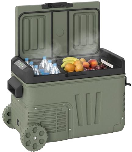 Outsunny 33L Car Fridge Freezer Dual Zone, Portable Camping Fridge 12V/24V DC & 100-240V AC, Electric Cool Box -20℃-20℃ with Wheels and LED Light, for Travel, RV, Road Trip, Picnic [Energy Class E]