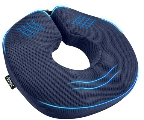 Feagar Cojin Coxis Grande Ortopédico, Cojin Ergonómico Silla Oficina y Asiento Coche, Ideal para Hemorroides, con Aro Ajustable y Funda Lavable, Azul Marino