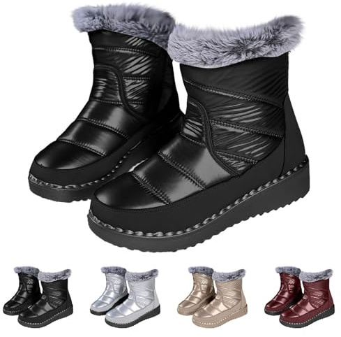 Botas de nieve para mujer, impermeables, forradas – Botines de invierno para mujer, elegantes, botas cálidas de invierno con tacón de cuña, botas térmicas de media caña, Negro , 41 EU