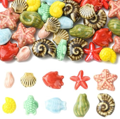 Airssory - Circa 40 perline in ceramica in 10 stili di animali marini oceanici, conchiglie, stelle marine, tartarughe per gioielli fai da te, bracciali, collane, orecchini, borse, portachiavi e