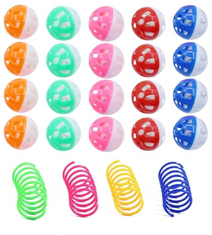 DUINIU 20 Boules De Cloche pour Chat Et 4 Plumes en Plastique, Jouet Rotatif À La Menthe en Papier, Résistants Aux Rayures Et Aux Morsures.