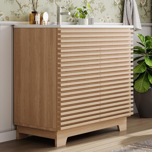 Tocador de baño independiente, 91 x 46 x 86,5 cm, armario de doble puerta con bisagras de cierre suave, estantes integrados, puntales horizontales 3D y patas altas del armario, lavabo integrado, color