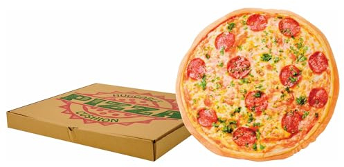 United Labels Pizza Kissen rund, Kopfkissen 40 cm, Sofakissen in Pizzakarton, Dekokissen, lustiges Geschenk für Kinder und Erwachsene