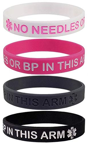Gift Box Goodies Pack of 4 - No Needles or BP in This arm Medical Alert ID Silicone Wristband Bracelet Band