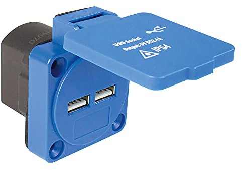 as - Schwabe Anbausteckdose Einbausteckdose mit 2X Steckdose Eingangsspannung 230V~ & USB Ports 5 V / 2,1 A – Zur Verwendung im Außenbereich & Innenbereich – Mit Deckel – IP54 – Blau I 45089