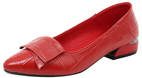 Jamron Damen Spitze Zehen Blockabsatz Karierte Leder Pumps Schuhe Weiche Sohle Ballerinas Rot SN602C046 EU39.5