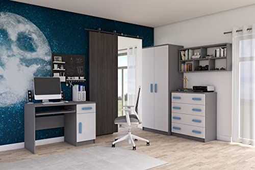 Fabryka Mebli Idźczak 4-teiliges Kinderzimmer-Set Jonas II 02 - Schrank, Wandregal, Kommode, Schreibtisch - Kleiderschrank - Skandinavischer Stil - Modern Design - Weiß/Blau