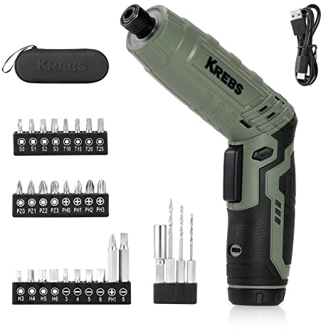 KREBS Power Electric Screwdriver, 4V Max 5Nm Cordless Screwdriver Rechargeable Set with 30pcs bits Accessories Kit, with LED Light Adjustable 2 Position Handles