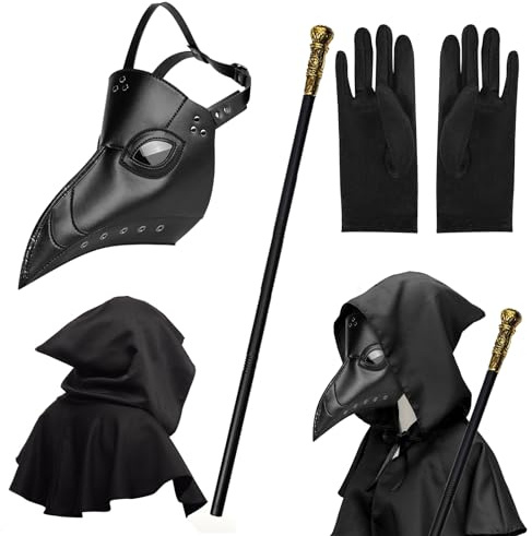MAINOSHY 4PCS Halloween Props Costume Set, Plague Doctor Mask Props Long Nose Beak Mask with Black Hooded Cape, Black Gloves, King Scepter for Halloween Cosplay Costume Party