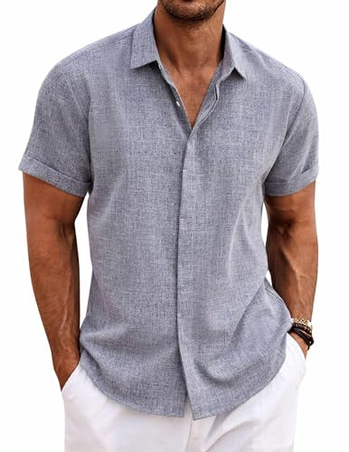 COOFANDY Chemise en Lin pour Hommes Chemise à Manches Courtes Boutonnée Coupe régulière Chemises décontractées Chemise d'été en Lin de Plage