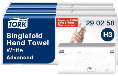 Tork Soft Singlefold Paper Hand Towels White H3, Toallas plegadas avanzadas para dispensadores comerciales, absorbentes, resistentes al desgarro, 2 capas, 5 x 250, 290258