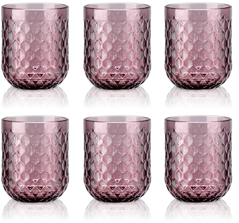 Joeyan 200ml klein Violett Trinkgläser Set von 6,Bunt Wassergläser Set mit Diamant Geprägtem Design,Vintage Gläser Set for Zuhause Restaurant Bar,Spülmaschinenfest