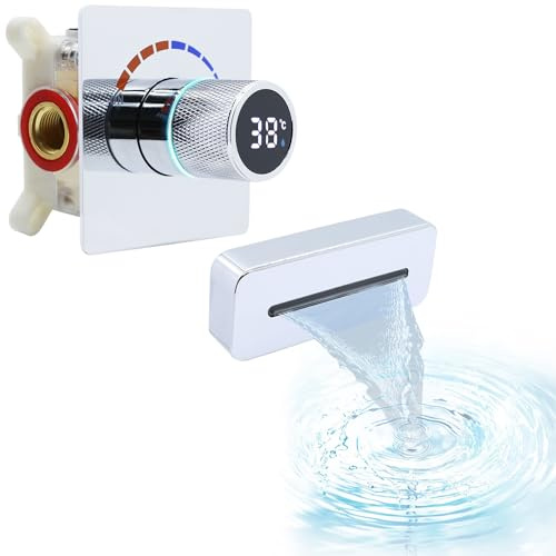 Delnet Wall Mounted Bath Tap, Concealed Waterfall Basin Tap with Digital Display Shower Valve, Brass Adjustable (Up/Down) Shower Spout, for Basin Bathub, Chrome