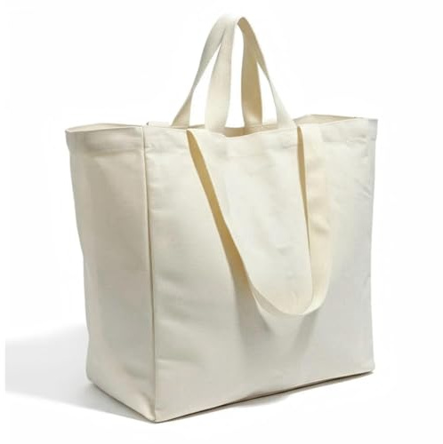 Greentique Large Canvas Grocery Bag with Handle and Shoulder Strap Heavy Duty Reusable Grocery Bag with Pockets Utility Tote Bag Big Shopping Market Tote Kitchen Cotton Foldable