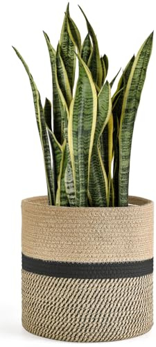 Dahey Jute Rope Plant Basket Modern Woven Storage Basket for 10.5 Indoor Planter, Decorative Flower Pots Cover Laundry Bin with Handle Rustic Home Decor, Black