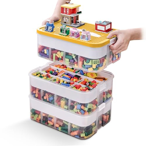Storage Organiser for Lego, 3 Layers Stackable Storage Box with Lids | Plastic Multi Compartment Storage Boxes, Clear Building Blocks Craft Sorting Container, for Magnetic Bricks Puzzle Board