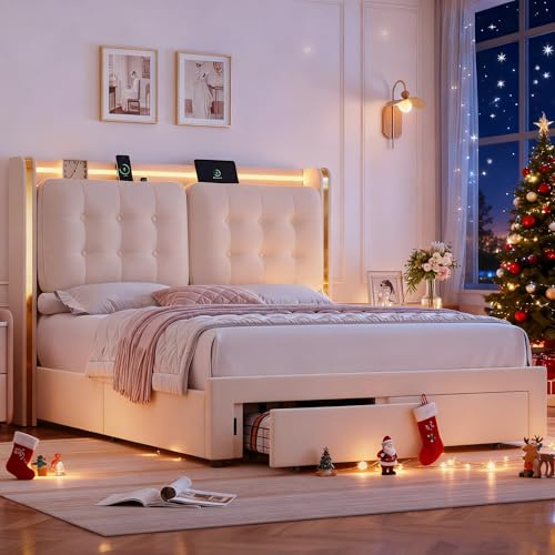 HIFIT Upholstered LED Queen Size Bed Frame with Storage and Charging Station, Lavish Wingback Headboard with Fluffy Tufted Cushions, Modern Velvet Queen Platform Bed Frame with 2 Large Drawers, Beige