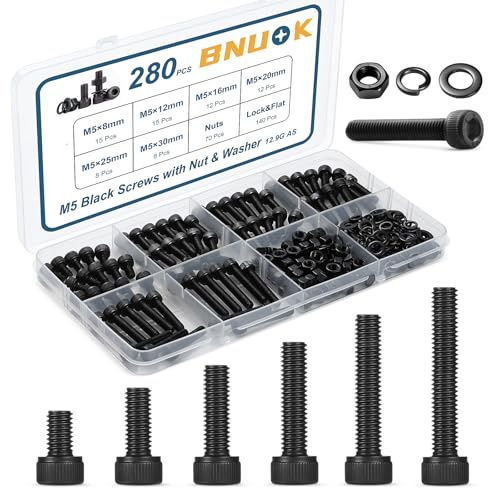 BNUOK 280 PCS M5 Screws Assortment Kit, 12.9 Grade Alloy Steel M5 Bolts Kit, M5x 8/12/16/20/25/30mm, Hex Socket Head Cap Screws Bolts Nuts Washers Set