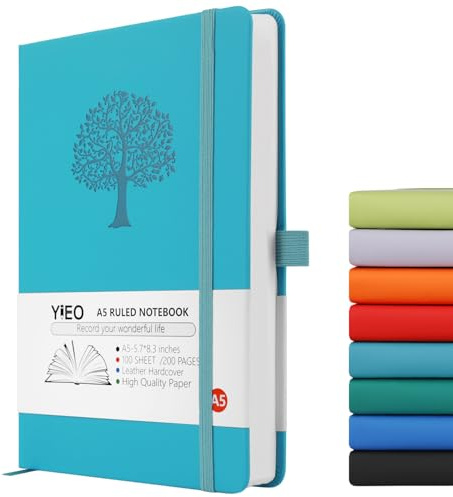 A5 Journal Notebook, 200 Pages Leather Notebook Journal for Men/Women, Hardback Note Book with 80GSM Lined Paper, No Bleed for Writing, Notepad for Office School Supplies, Lakeblue