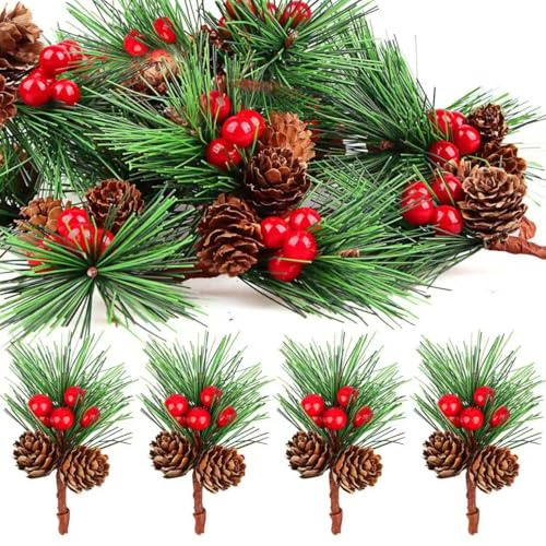 Huanmin 20 Pezzi Rami di Pino Artificiale di Natale, Bacche Natale Decorazioni, Rametti Decorativi Na-tale Con Pigne Per Ramo di Nat-ale per Ghirlanda Natalizia Fai da te