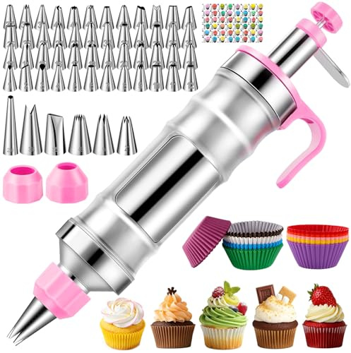 Cake Decorating Tools Supplies Kit: 164pcs Baking Accessories, Dessert Piping Syringe and Icing Tips Set - Puffs Cupcake Frosting Piping Bakery Set for Adults Beginners or Professional, Pink