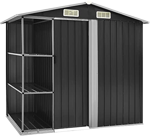 Emmtore Gartenhaus mit Regal 4 Lüftungsschlitzen Schiebetür Geräteschuppen Gartenschuppen Gerätehaus Garten Schuppen 205x130x183cm Anthrazit