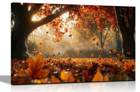 Artley Prints - Autumn Leaves Framed Canvas Pictures For Home Office Conservatory Landscape Prints Wall Decoration Extra Large 101 x 76cm (40 x 30 inches)