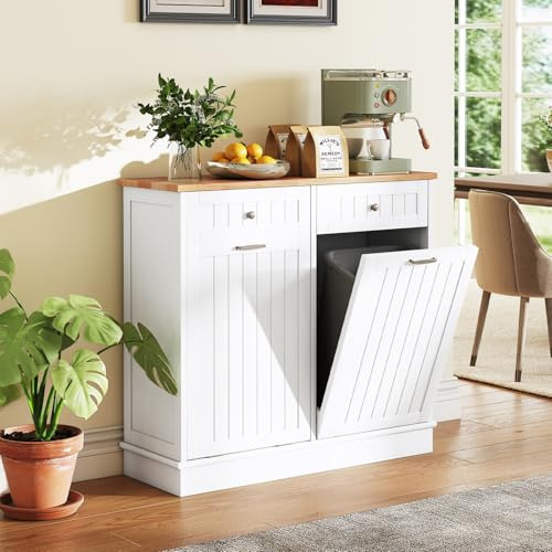 GIANTEX Buffet Cuisine avec Poubelle Double Basculante, Dessus en Bois de Caoutchouc, Meuble Cuisine avec Planche à Découper Intégrée & 2 Tiroirs, Meuble Rangement pour Cuisine & Buanderie