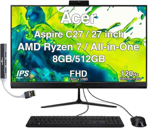 Acer Aspire C27 All-in-One Desktop, 27 IPS FHD Display (Ryzen 7 5825U (5000 Series), 8GB DDR5, 512GB PCIe SSD, Wi-Fi 6E, Webcam, Wireless Keyboard and Mouse, BT 5.3, Win 11 Home) with USB Hub
