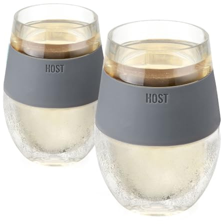 Host 2962 Wine FREEZE, Set di 2 Calici raffreddanti per il vino, con fascia di protezione in silicone, Colore Grigio