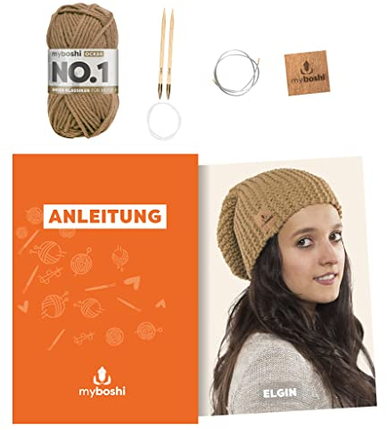 myboshi Strickset Mütze Elgin, Strickset für Anfänger, inkl. No.1 Wolle, Nadel und Anleitung, Label, Strickpaket, 30% Merinowolle Braun, mit Rundstricknadel