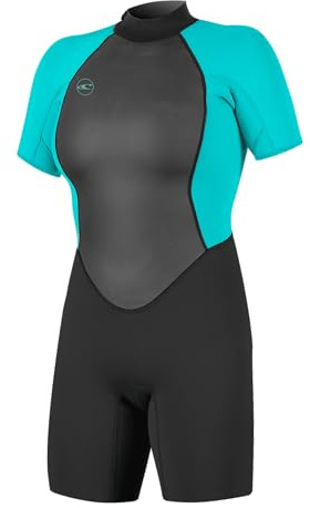 O'Neill Women's Reactor-2 2mm Back Zip Short Sleeve Spring Wetsuit, Lightweight Warmth Flexibility for All Water Activities, Black/Light Aqua, 8