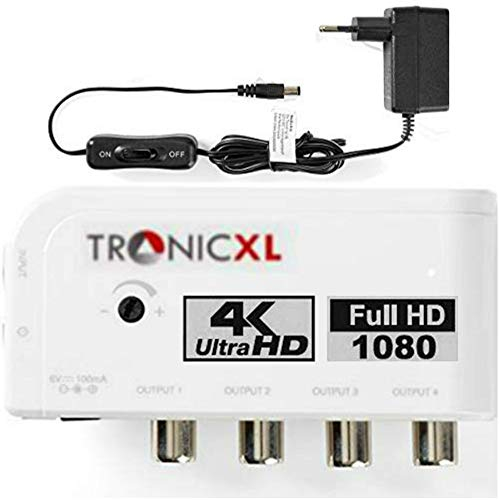 TronicXL DVBT DVBT2 Kabelfernsehen 4-fach Verteiler mit Verstärker 4 x 10dB Viergeräteverstärker Verteiler + Regler zb kompatibel mit für Unitymedia Kabel Deutschland Vodafone Kabelfernseh DVBC