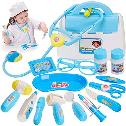 BUYGER Arztkoffer Kinder ab 3 Jahre, Doktorkoffer Mit Zubehör Stethoskop, Spritze, Arzt Set mit Licht und Sound für Kinder, Doktor Spielzeug, Rollenspiel für Mädchen Junge, Geschenke (Blau)