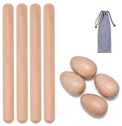 8 Pcs Musical Percussion Instrument Set, includes 4 Pcs 8 Inch Rhythm Sticks Wood Claves and 4 Pcs Wood Egg Shakers