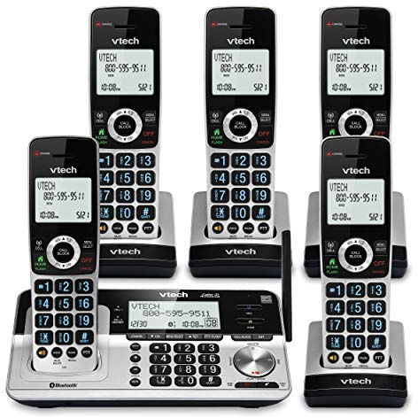 VTech VS113-5 Extended Range 5 Handset Cordless Phone for Home with Call Blocking, Connect to Cell Bluetooth, 2 Backlit Screen, Big Buttons, and Answering System, Silver & Black