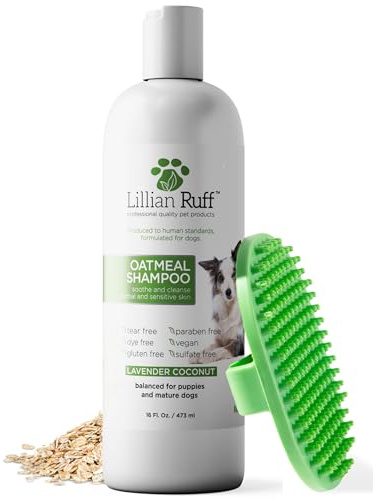 Lillian Ruff PRO Formula Deodorizing Oatmeal Dog Shampoo - Calms Itching & Allergies, Ultra-Nourishing Dry Skin Relief - Oatmeal, Aloe, Coconut Oil, Lavender & Provitamin B5 - Made in USA 16oz+Brush