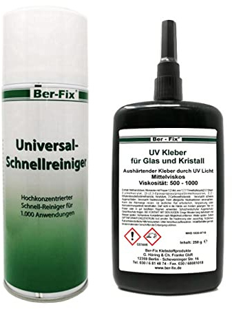 Ber-Fix UV Kleber - Der Glaskleber für Glas und Metall 250g Mittelviskos 500 mPa.s + 400ml Universal Schnellreiniger