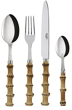 SABRE PARIS | 4-Piece Flatware Cutlery Set - 9.4 inches - Panda Collection - Knife, Fork, Tablespoon & Teaspoon - Stainless Steel & Bamboo Wood Handle - Brilliant Finish