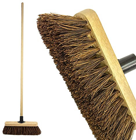 LSC 10” Broom Outdoor Yard Broom Stiff Sweeping Brush with Wooden Handle Natural Bassine Hard Bristles Garden Brooms for Cleaning Gardens Yards Driveways Warehouse (PACK OF 1)