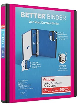 Staples Better Binder, 1.5 D‑Ring, Heavy‑Duty 3‑Ring Binder, Pink, Durable Reinforced Spine, Holds 400 Sheets, School & Office Organization, 3‑Pack